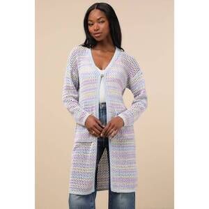 Lulus Breezy Strolls Light Blue Multi Striped Crochet Long Cardigan - Size XS